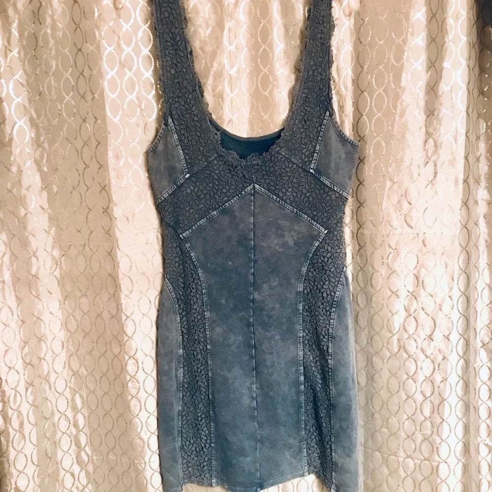 Free People BodyCon Tank Dress Blue/Grey w/ Lace Inlay Stone Wash Cotton/Spandex - Picture 9 of 14